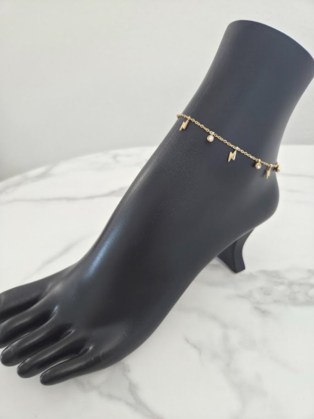 Gold Lightning Bolt & Crystal Charm Anklet Dainty Stainless Steel Jewelry - Picture 4 of 15